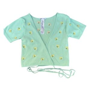 Zara Women's Medium to‎ Large Green and Yellow Floral Ribbed Wrap Crop Top Boho